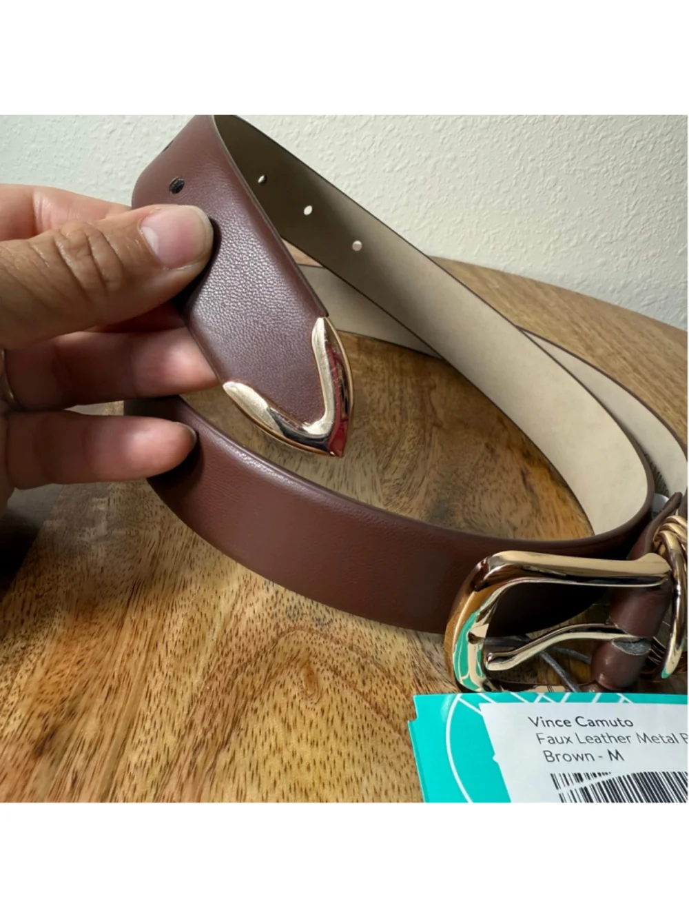 Women's Vince Camuto Brown Faux Leather Metal Belt